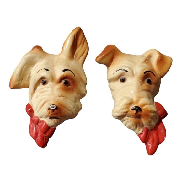 VTG Scottie Dog With Red Neck Bowtie Hndpntd Chalkware 3D Wall Plaques Ornaments